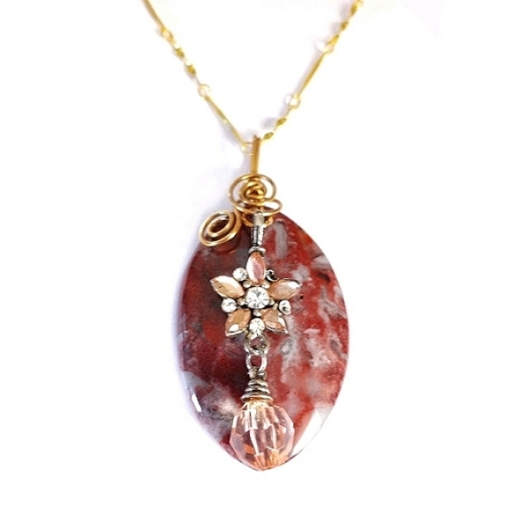 Handmade Jewelry - Brown tiger stripes jasper gold wire wrapped pendant on gold necklace new